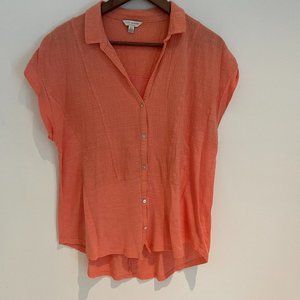 Lucky Brand Women Coral Short Sleeve Relaxed Fit Collared V Neck Blouse Size L